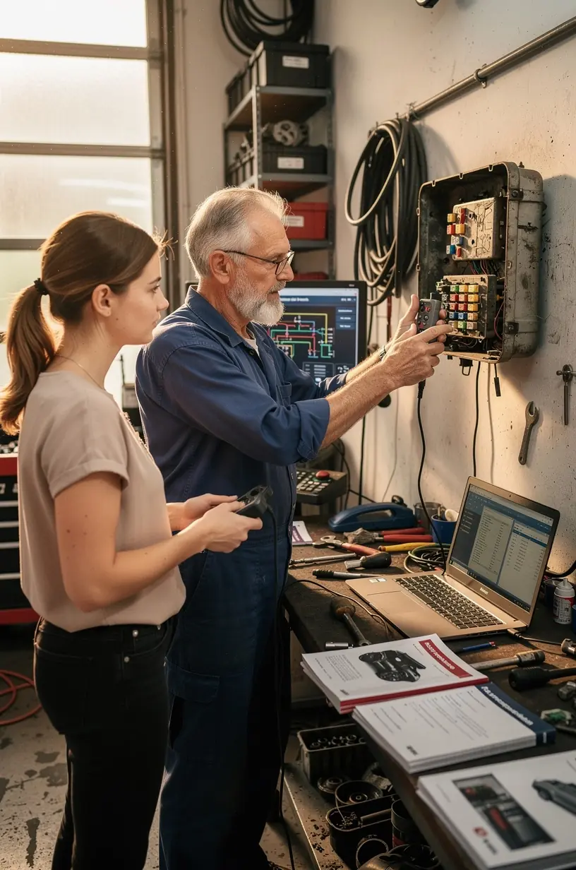 Fahrzeug auf Hebebühne während der Überprüfung von elektrischen Systemen und Sensoren.
