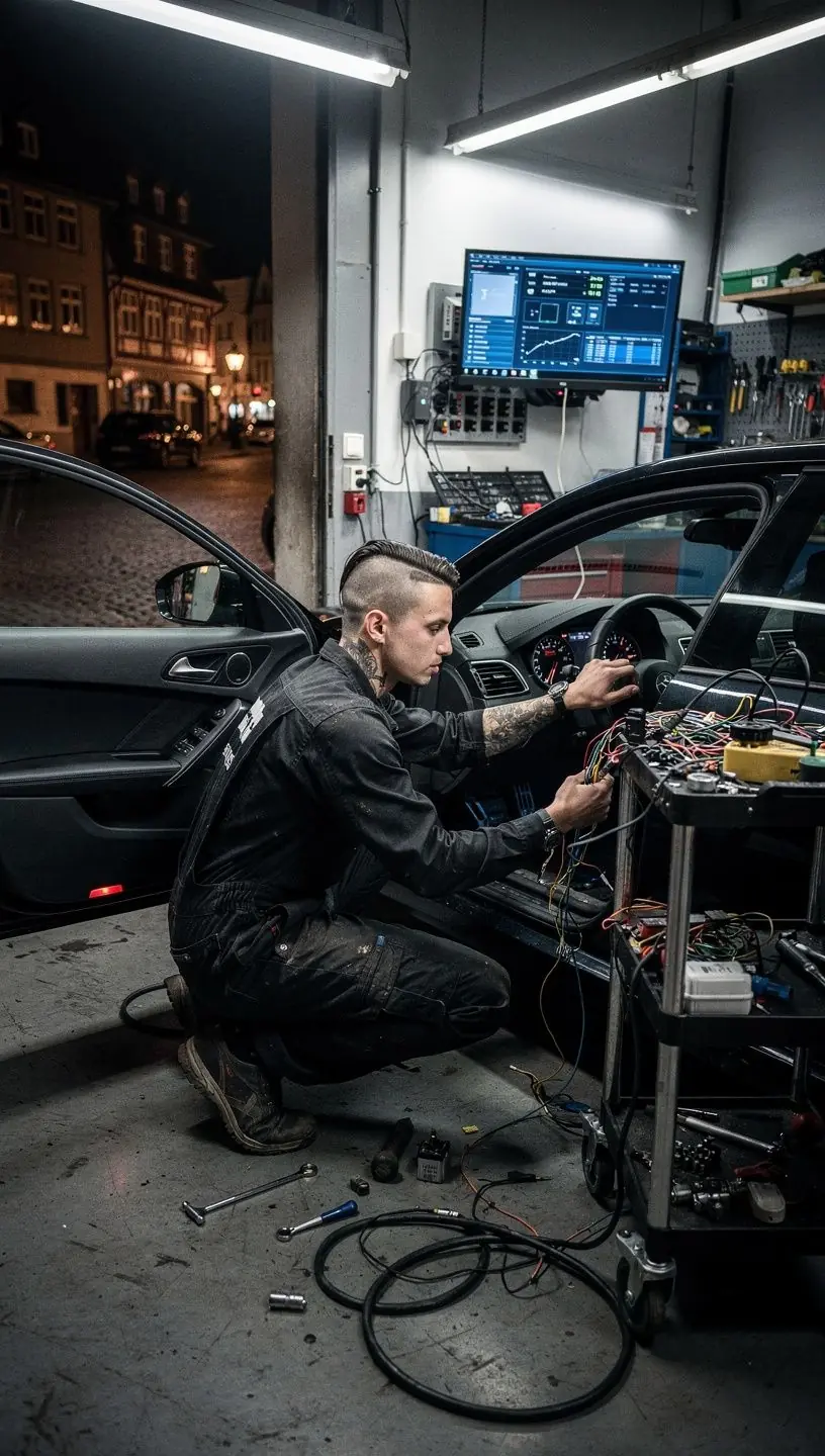 Nahaufnahme von Steuergerät und Verkabelung im Motorraum eines Autos.